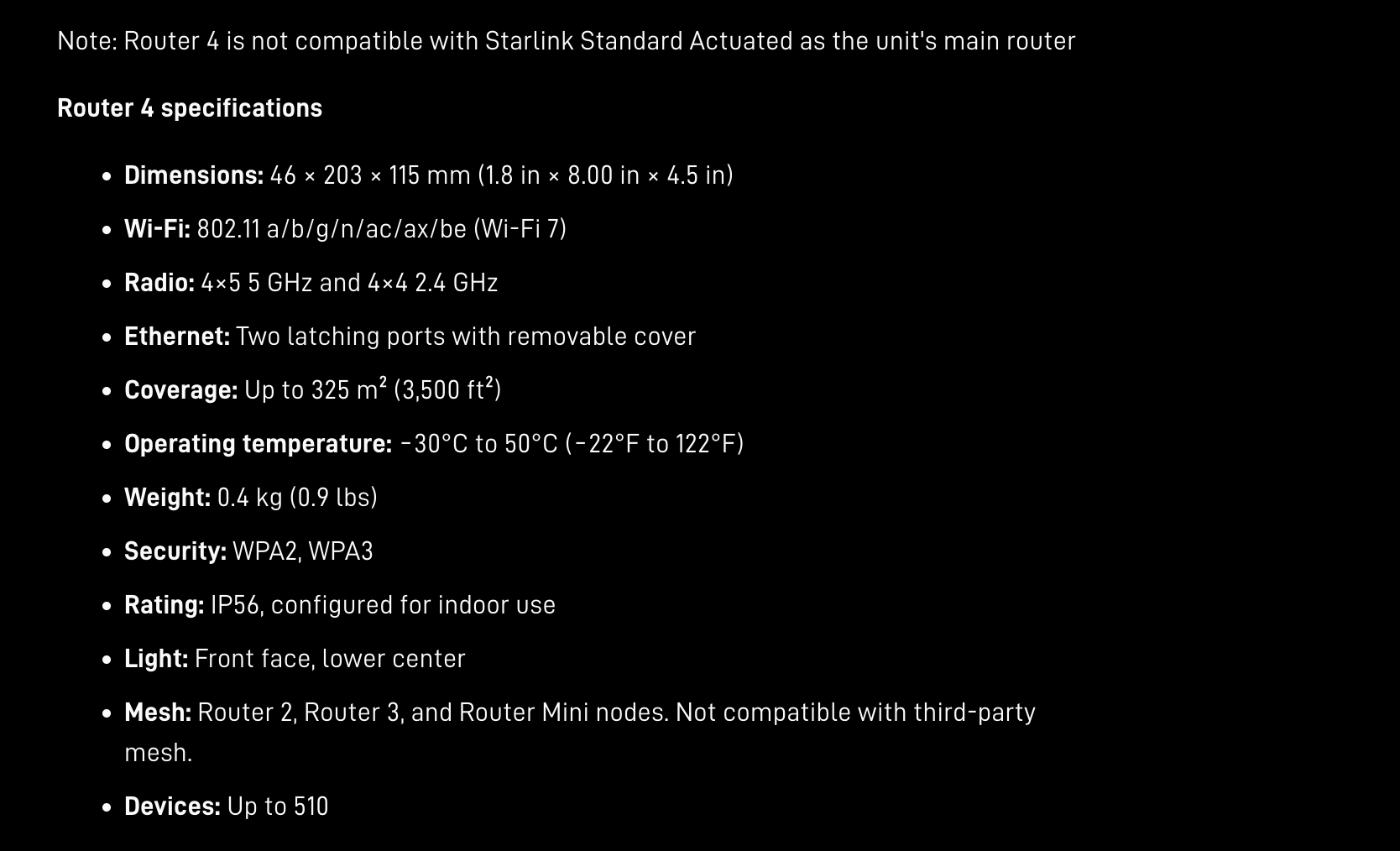 Starlink 官方公布之 Router 4 核心規格表