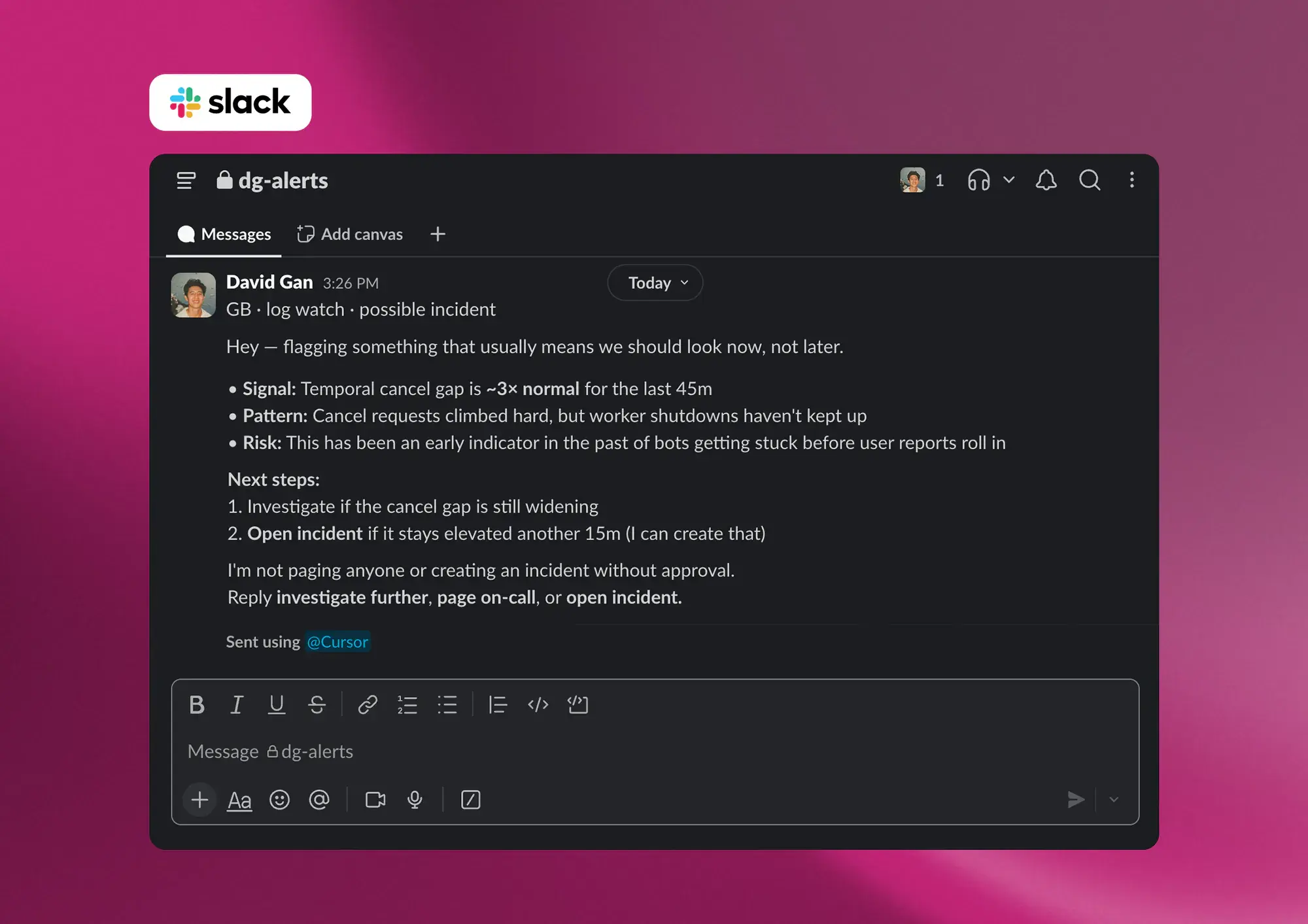 Grok Bot 在 Slack 提醒團隊檢查可能的服務事件,並先提出調查步驟