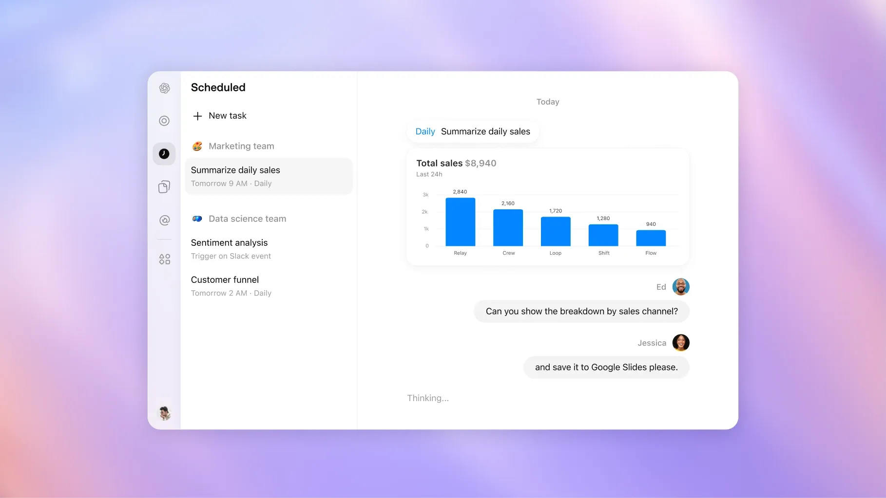 OpenAI Team Tasks 官方介面,顯示團隊排程與事件觸發工作