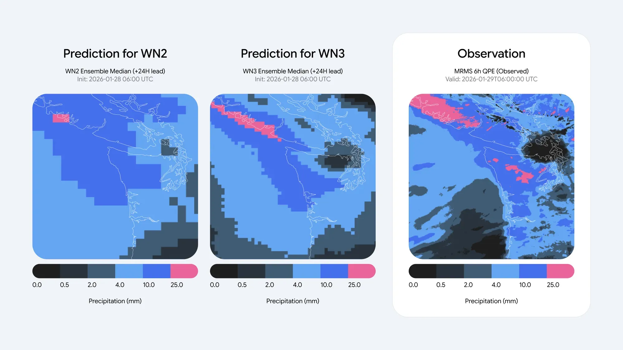 WeatherNext 2、WeatherNext 3 與衛星實際降雨資料的中期降雨機率比較