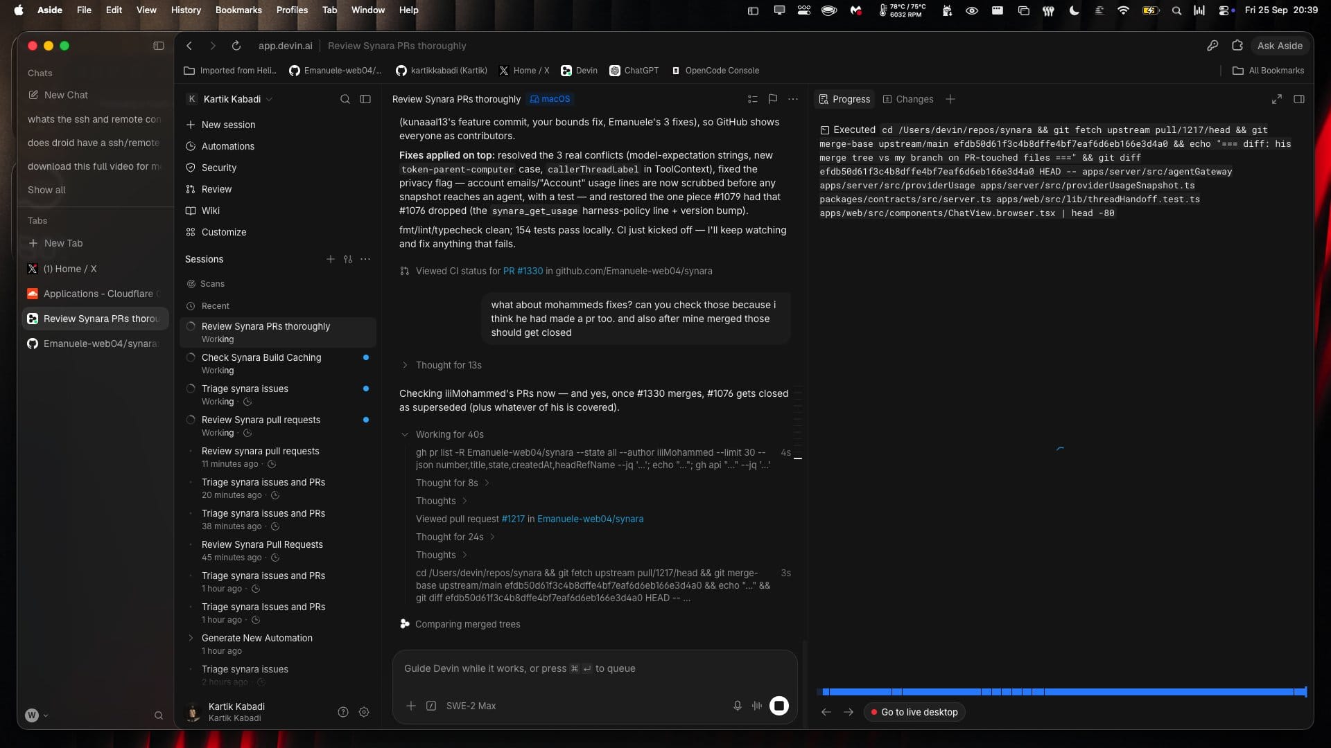 Devin 實時運行介面截圖:SWE-2 Max 模型執行 PR 審查與本機測試