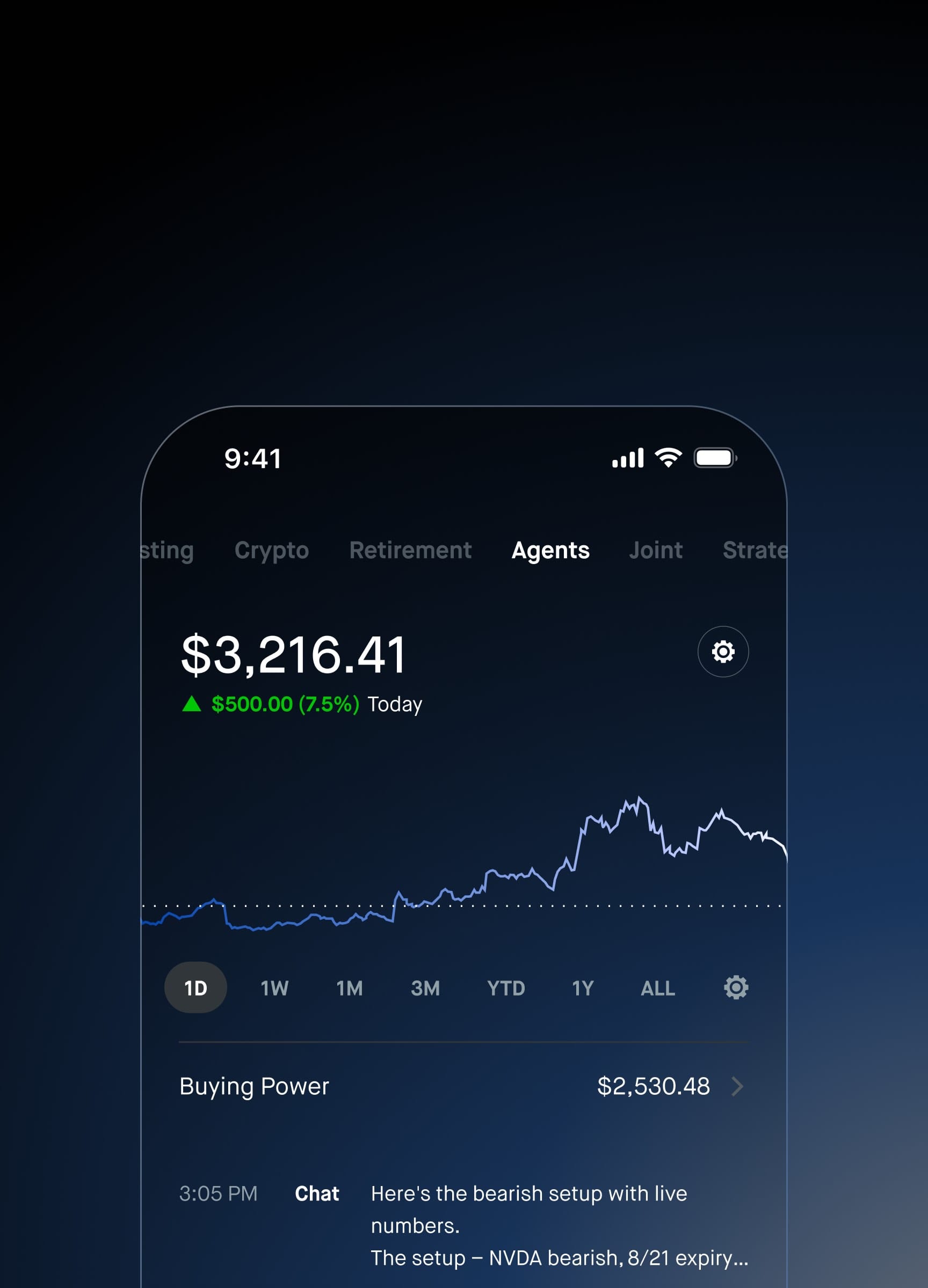 Robinhood 官方 Agents 專用帳戶示意,畫面包含帳戶金額與活動紀錄。