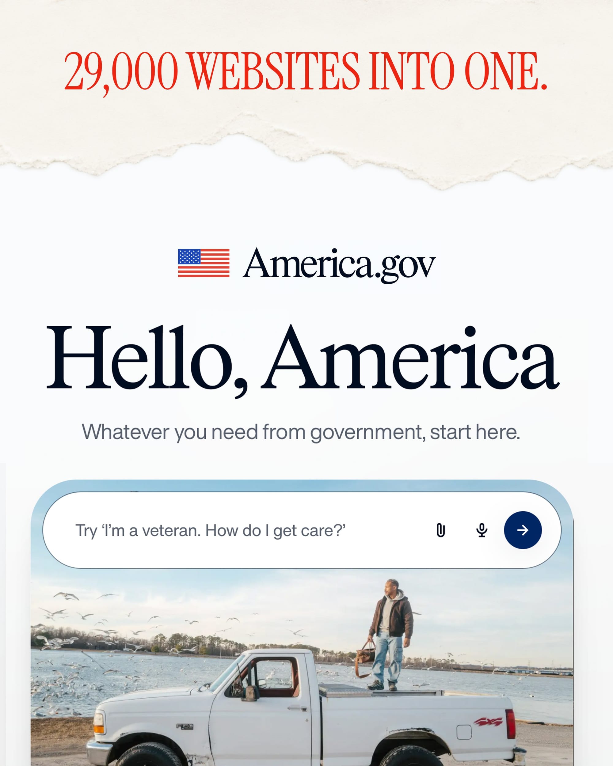白宮官方 America.gov 宣傳圖,呈現統一入口與自然語言提問示意。