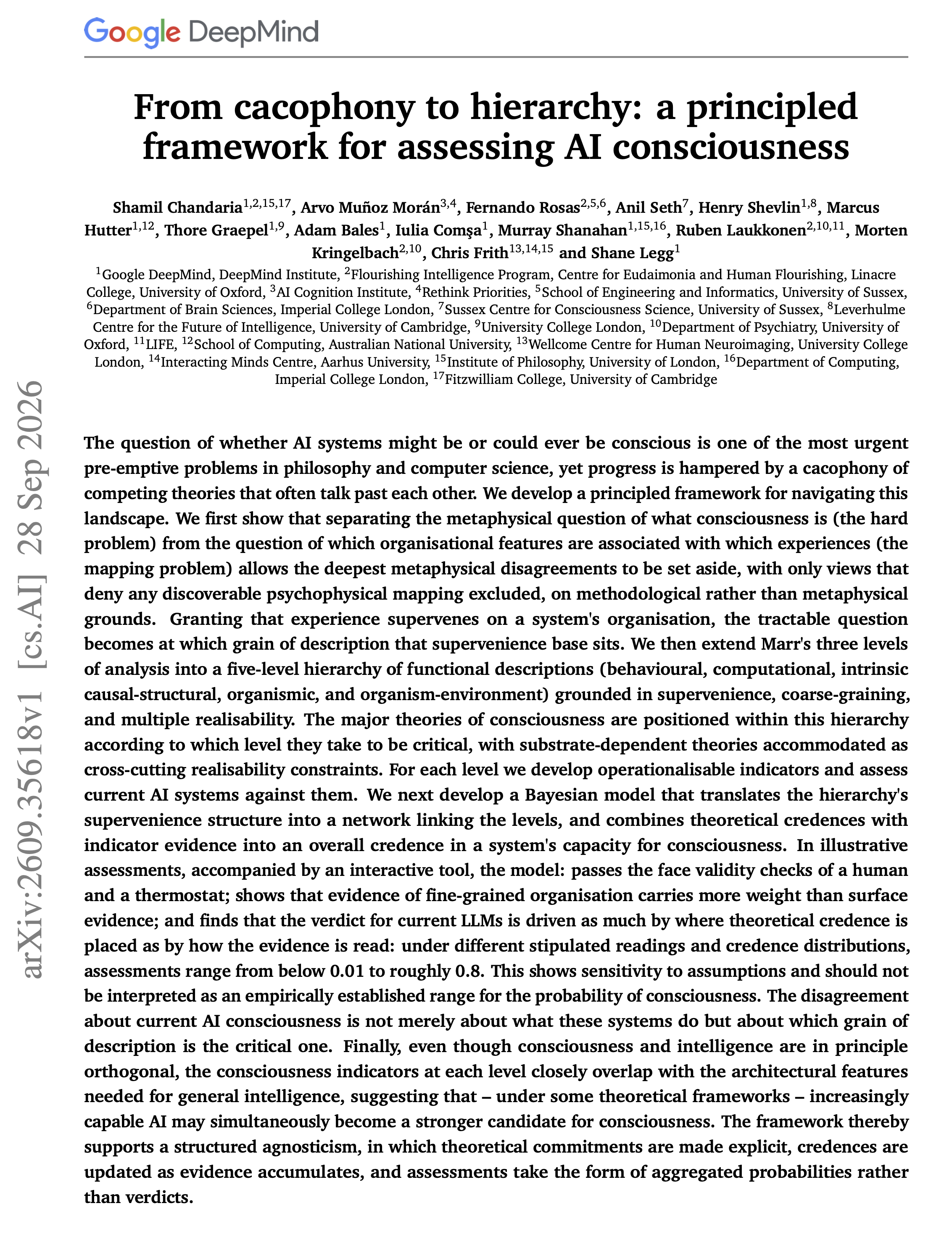 論文作者公佈的 AI 意識五層評估框架圖。