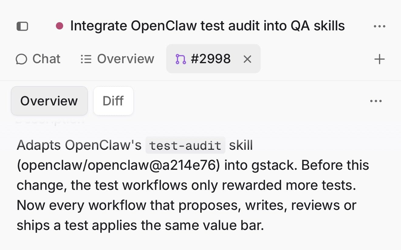 Garry Tan 分享 GStack 整合 OpenClaw test-audit 的變更畫面。