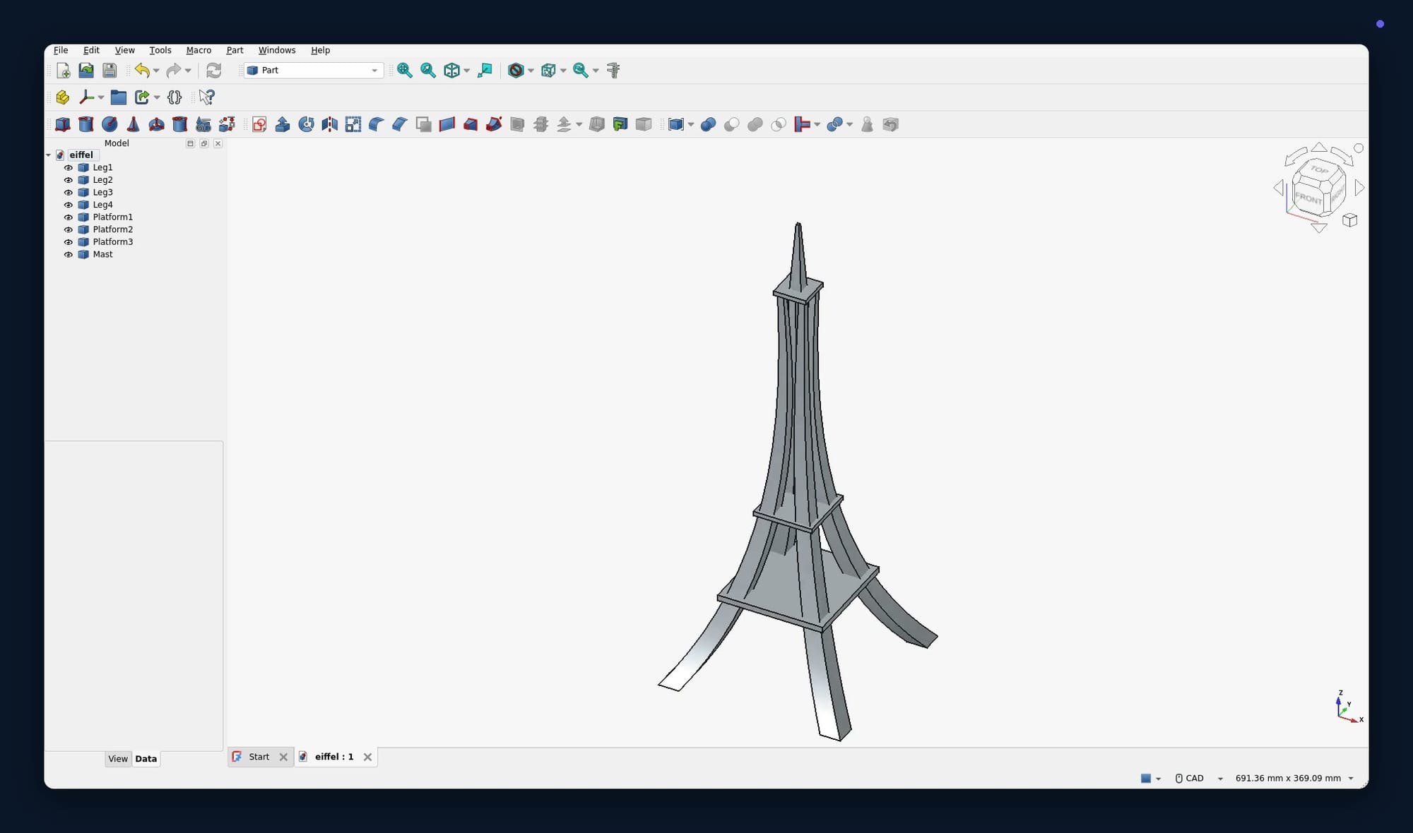 H Company 官方示範：Holo4 在 FreeCAD 建立艾菲爾鐵塔模型。