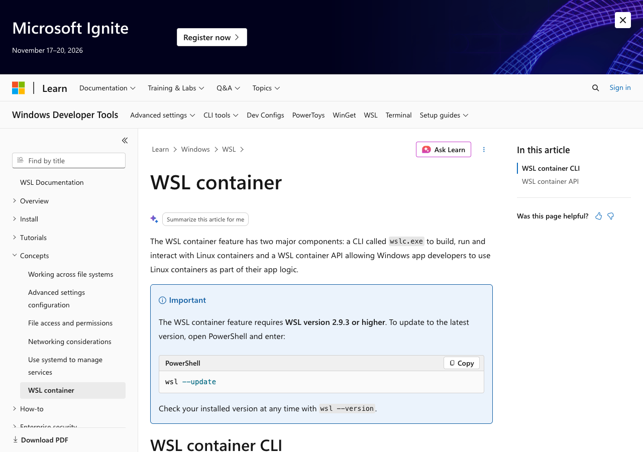 Microsoft Learn 官方 WSL container 文件截圖,顯示版本與工具說明。