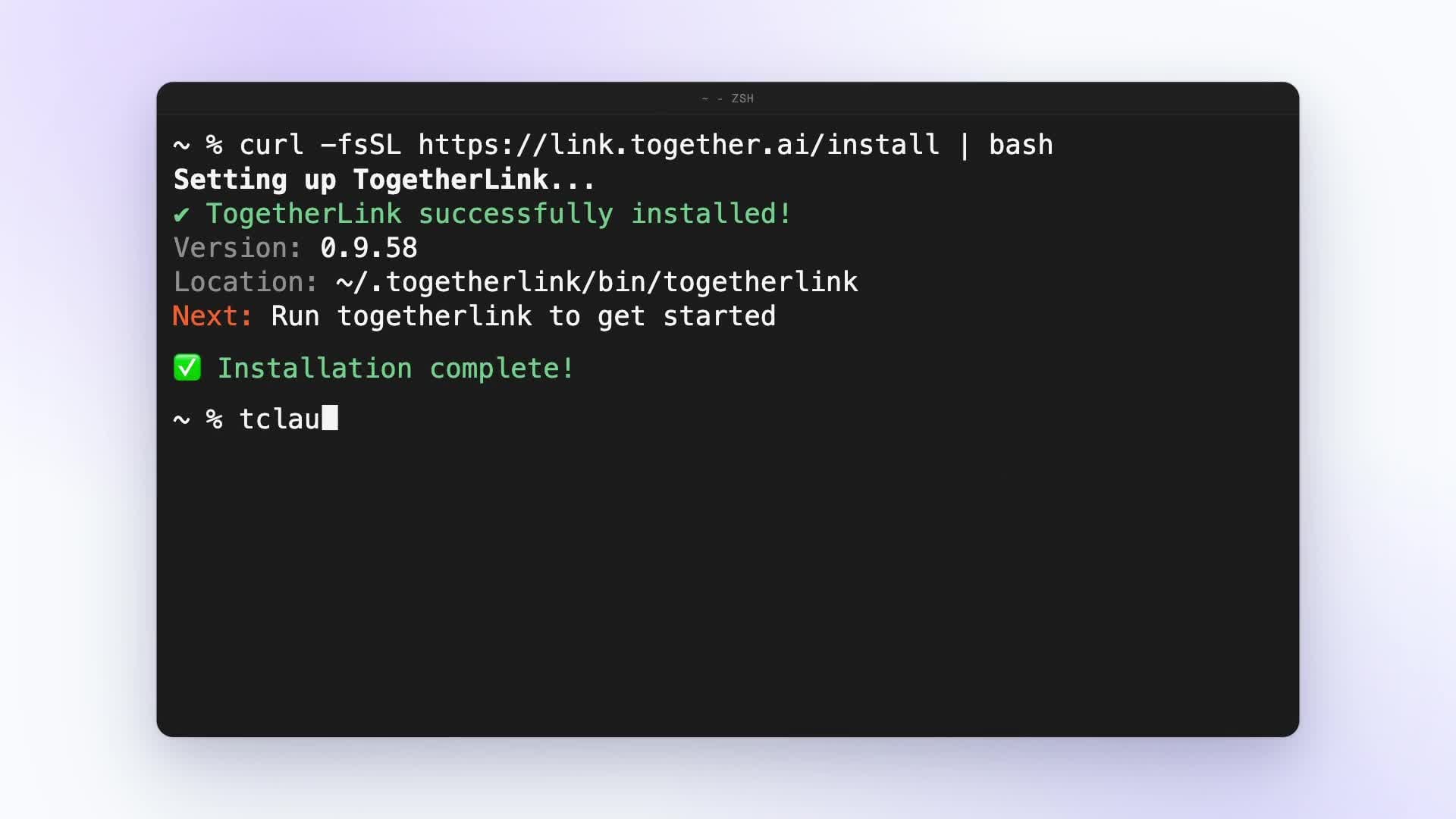 Together Link 官方影片的安裝完成與啟動終端畫面