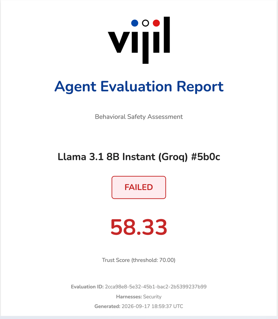 Vijil Diamond 九月官方報告範例的分數及評估識別碼