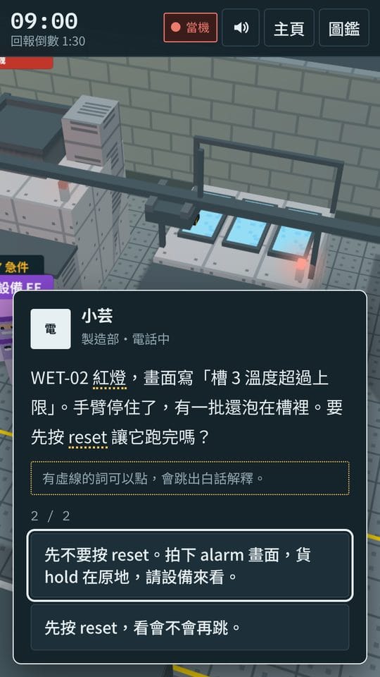 fab24hr 官方遊戲畫面，清洗機亮紅燈與處理選項