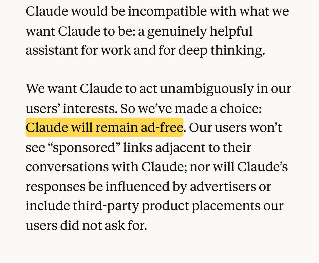 Anthropic 官方文章截圖：Claude will remain ad-free
