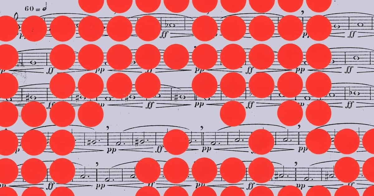 Anthropic 程式技能研究頁的官方插圖,樂譜上覆蓋大量紅色圓點