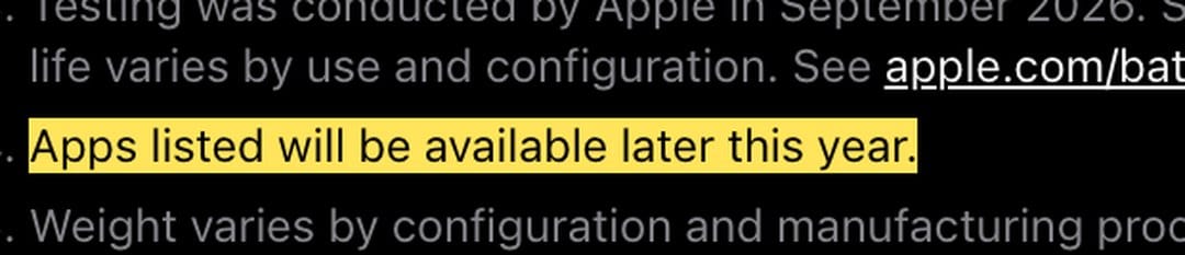 Apple 新聞稿註腳截圖：Apps listed will be available later this year
