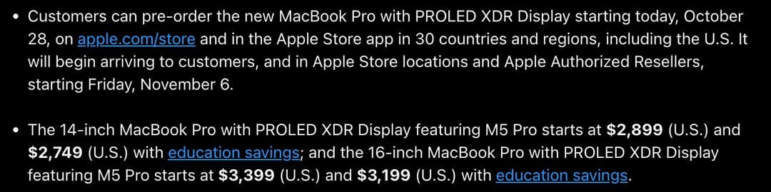 Apple 新聞稿截圖：16 吋觸控 MacBook Pro 起價 $3,399