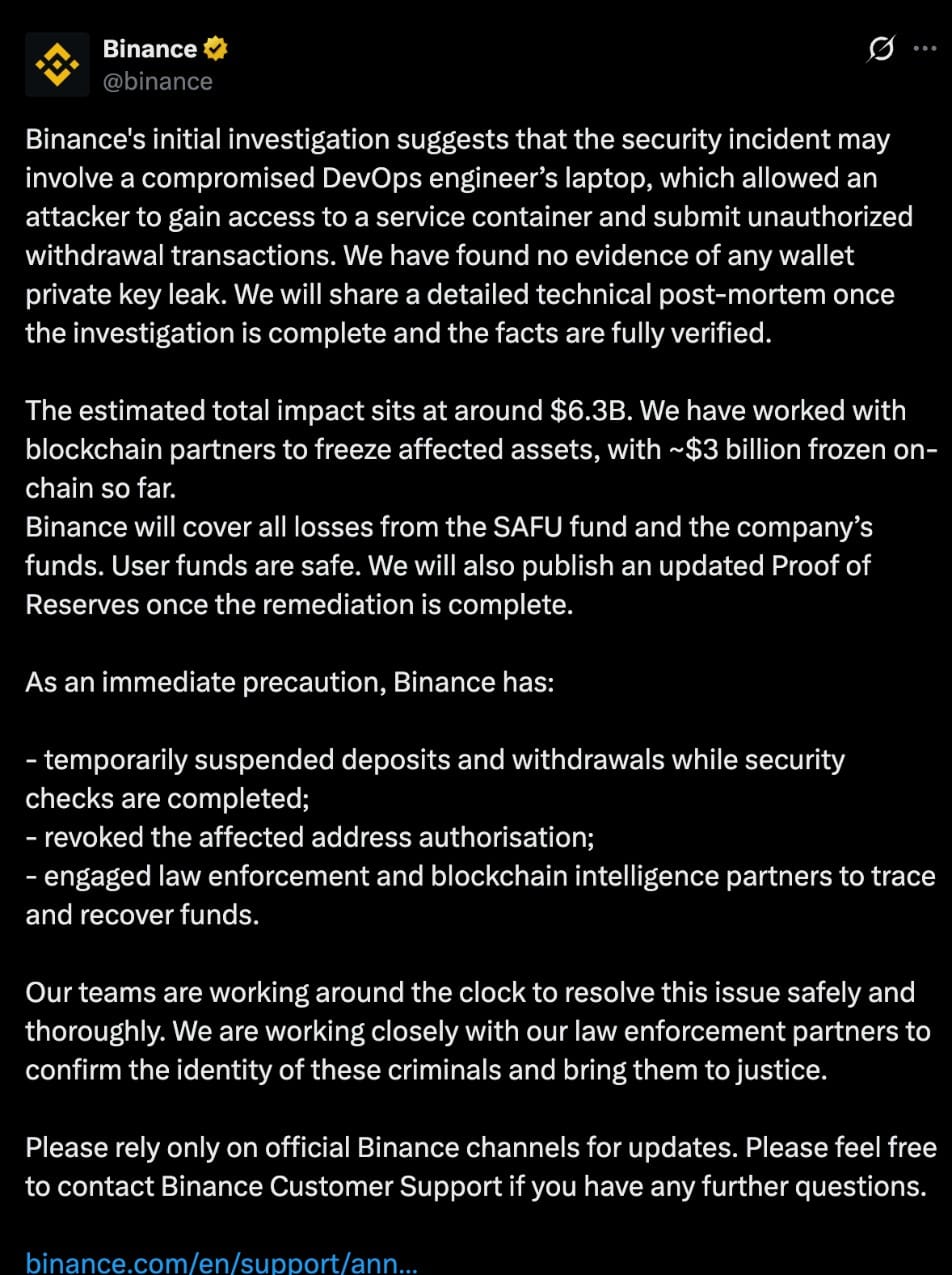 Binance 官方 X 公告:初步調查、估計影響約 $6.3B、凍結約 $3B、將以 SAFU 基金與公司資金賠償