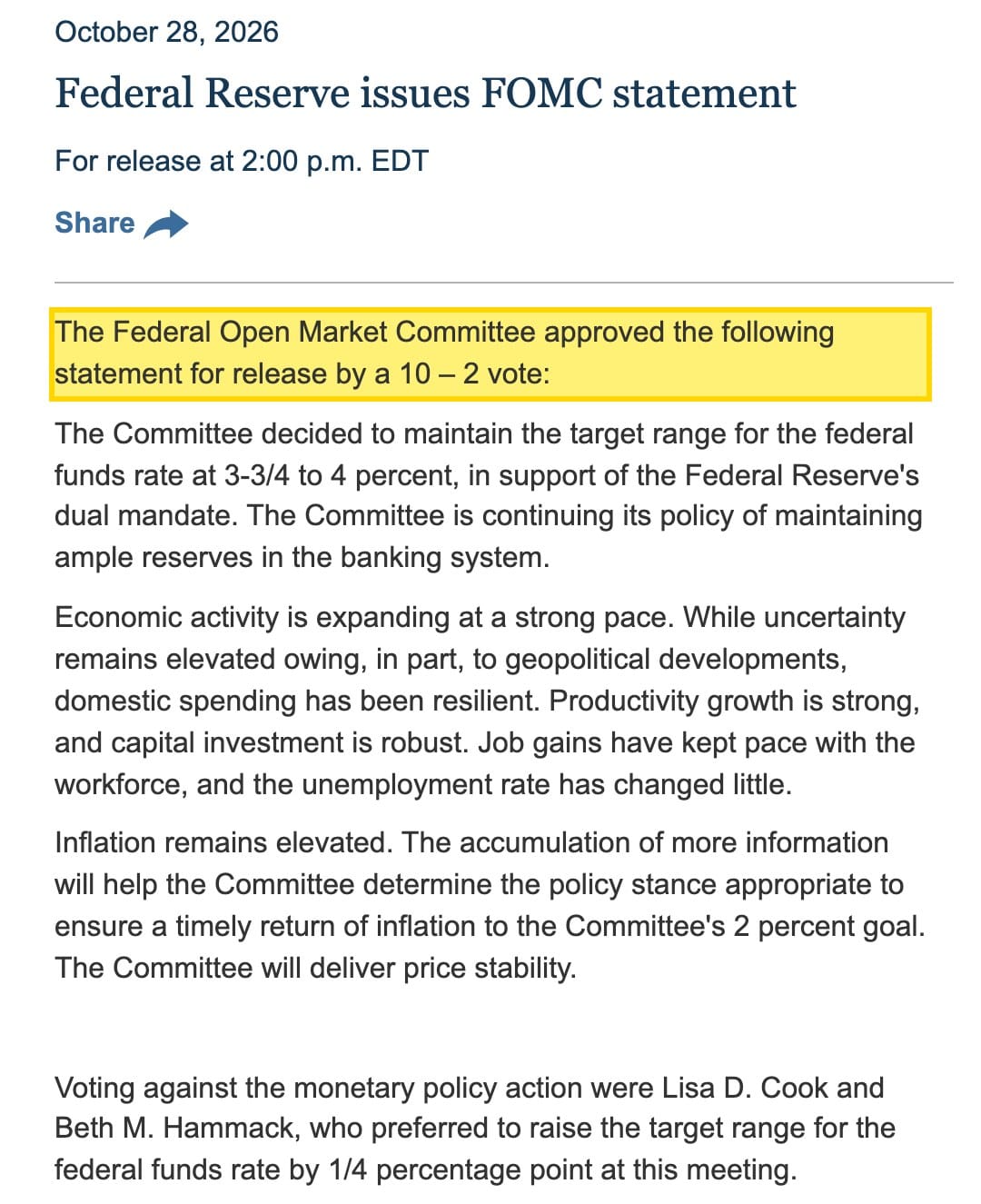 聯準會 10/28 FOMC 聲明:利率維持 3.75%-4%,10 比 2 表決