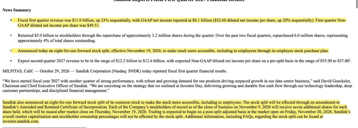 Sandisk 2027 財年第一季:營收 $11.0B、八比一股票分割