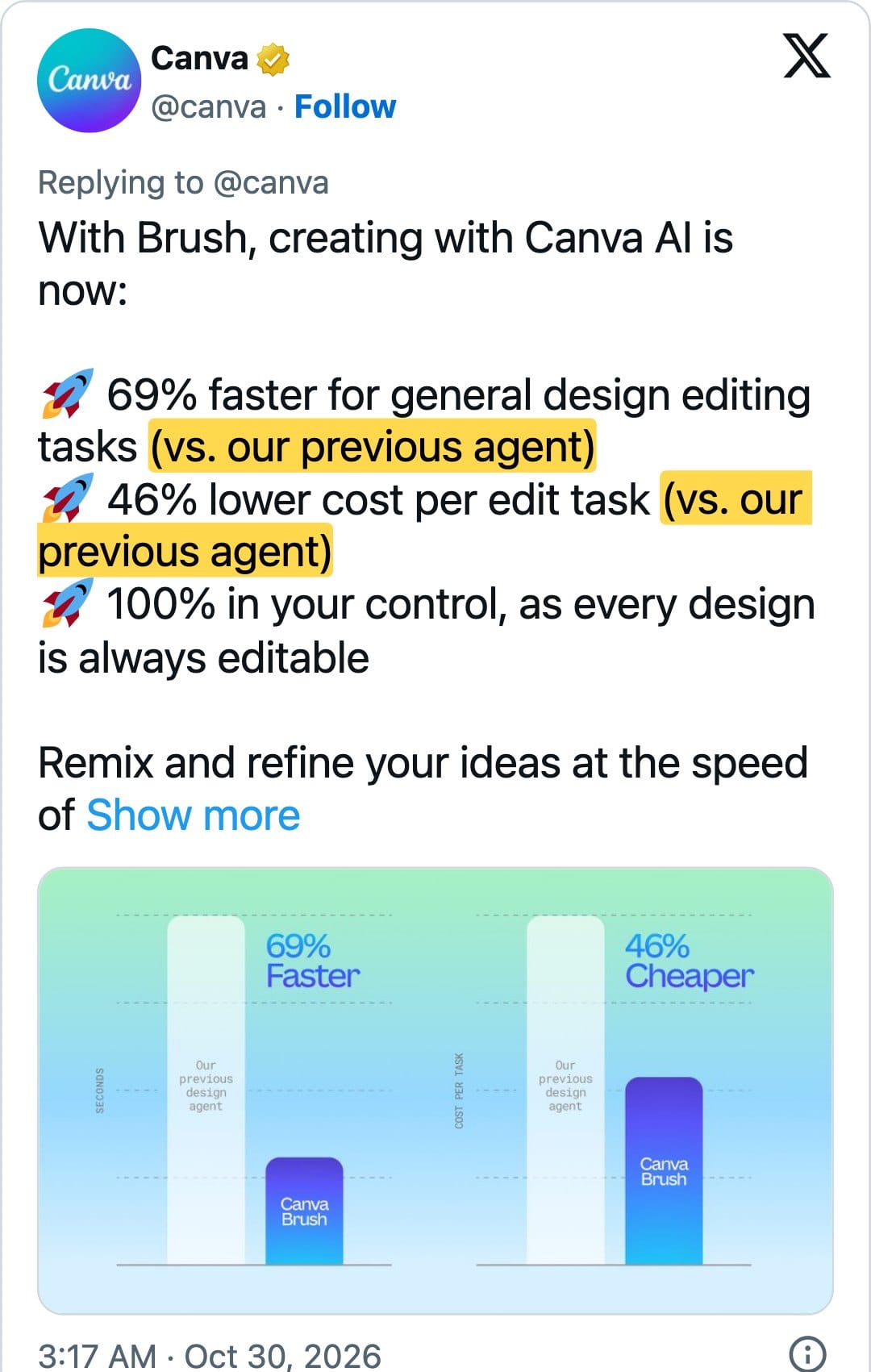 Canva 官方 X 串文第 2 則：vs. our previous agent 標黃