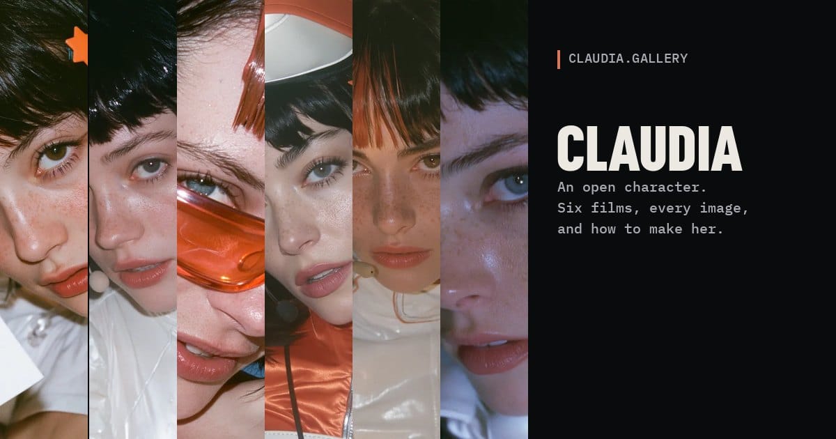 claudia.gallery 分享圖:六張 AI 生成的 Claudia 臉部特寫,右側標示 CLAUDIA 開放角色