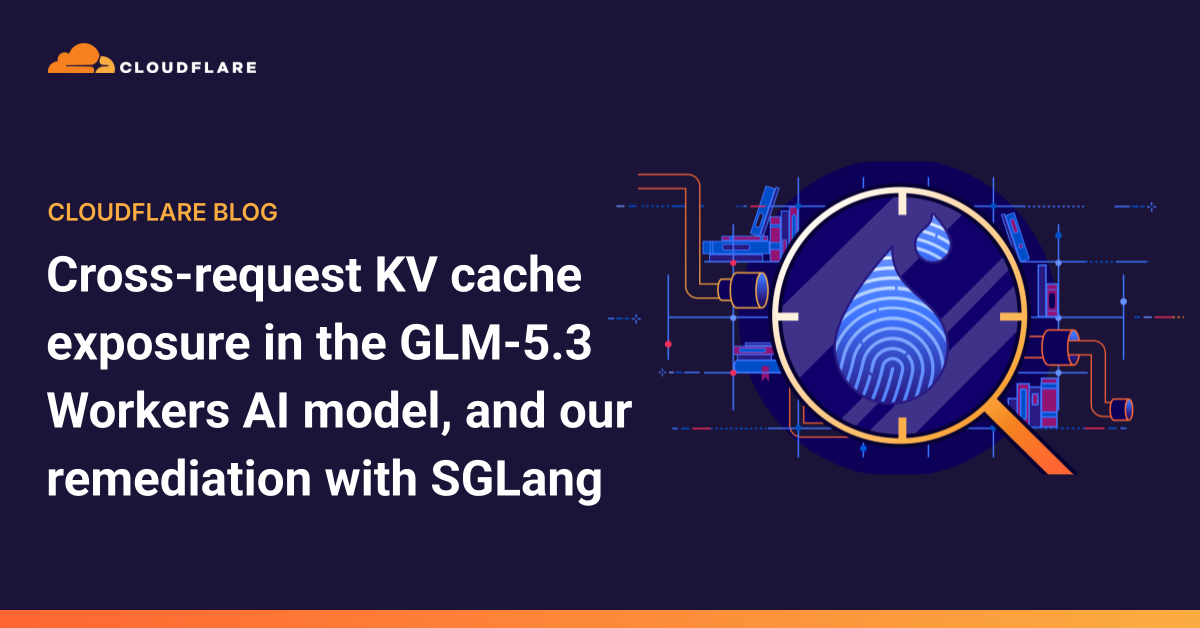 Cloudflare 官方 GLM 5.3 跨請求快取資料曝露報告封面,含文章標題與放大鏡示意圖