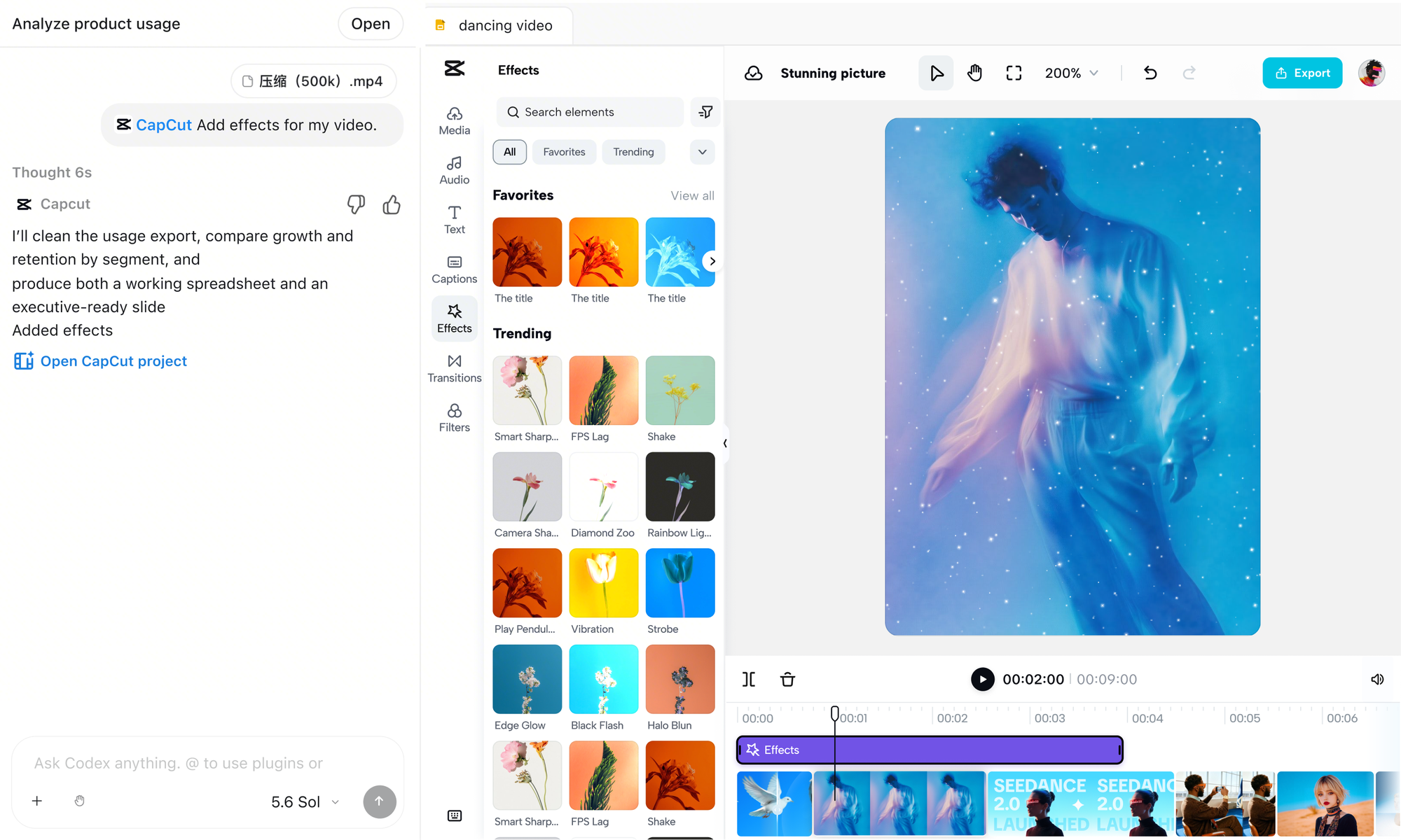 CapCut editor automatically applying visual effects and media to generate a first video draft
