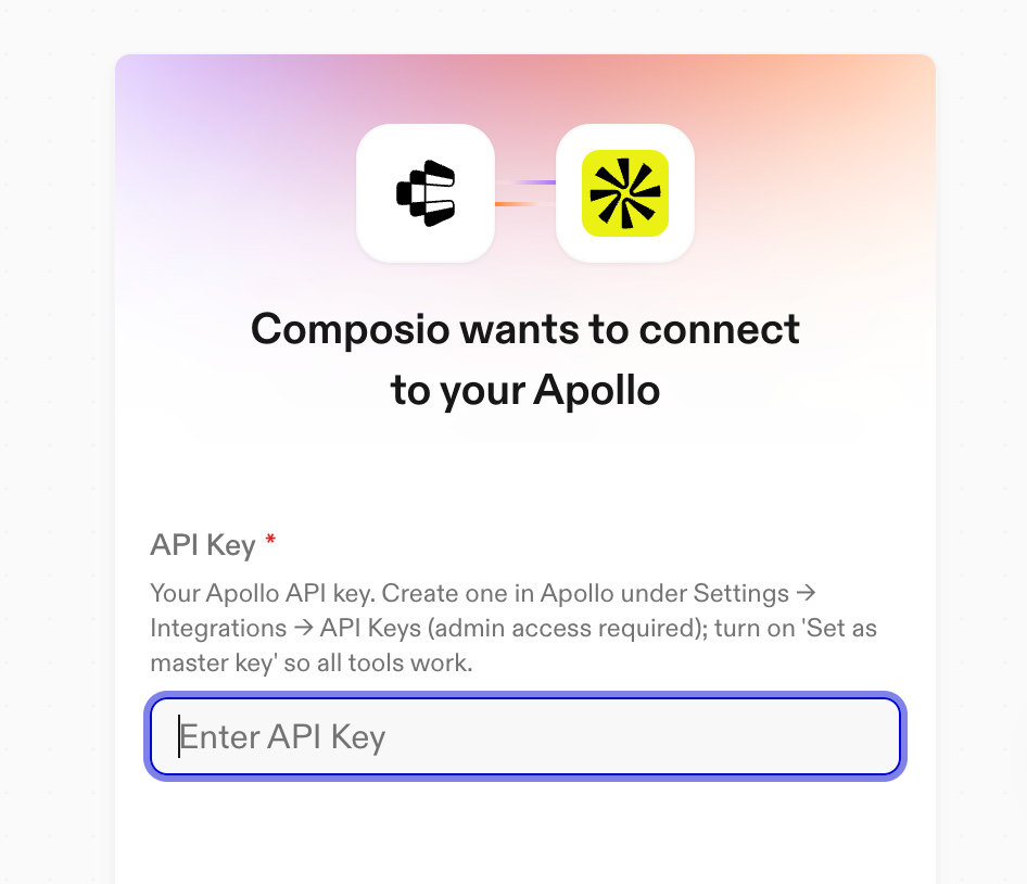 Composio 官方展示的既有 Apollo 帳號連線介面,用於說明原本需要獨立服務金鑰的整合步驟。