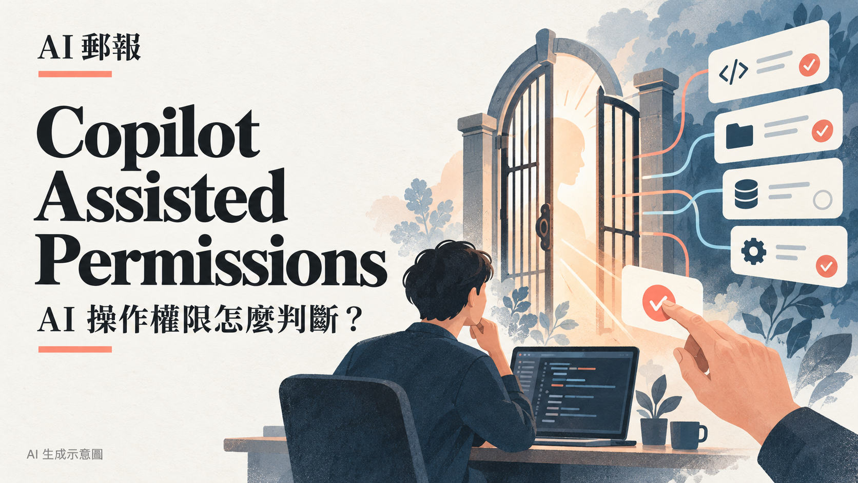 GitHub Copilot Assisted Permissions 正式開放:AI 代理的操作何時自動通過?,AI 郵報 AI 生成主題示意封面
