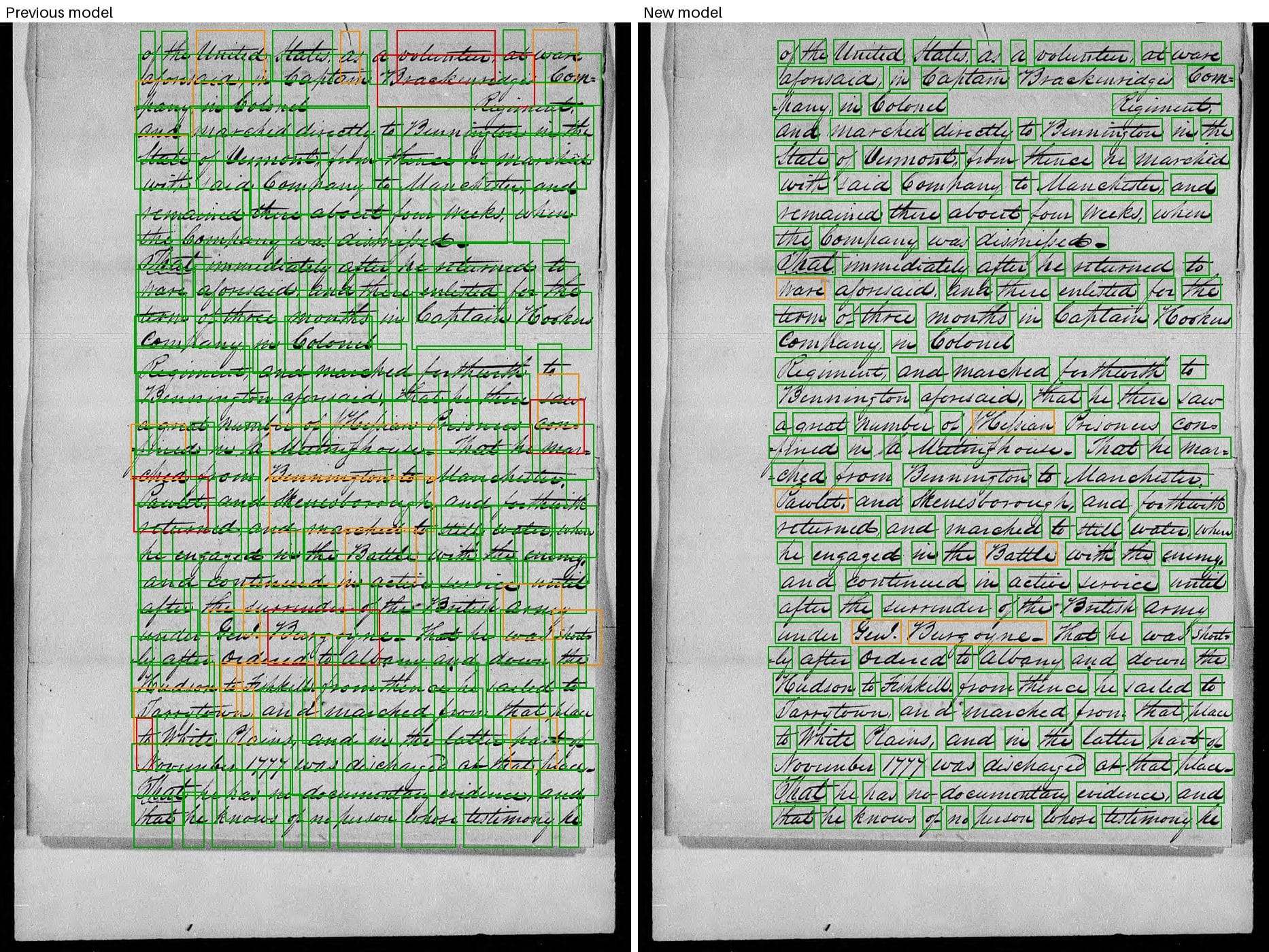 Datalab官方手寫掃描詞框比較,同一份文件呈現舊模型與新模型的框線及信心顏色