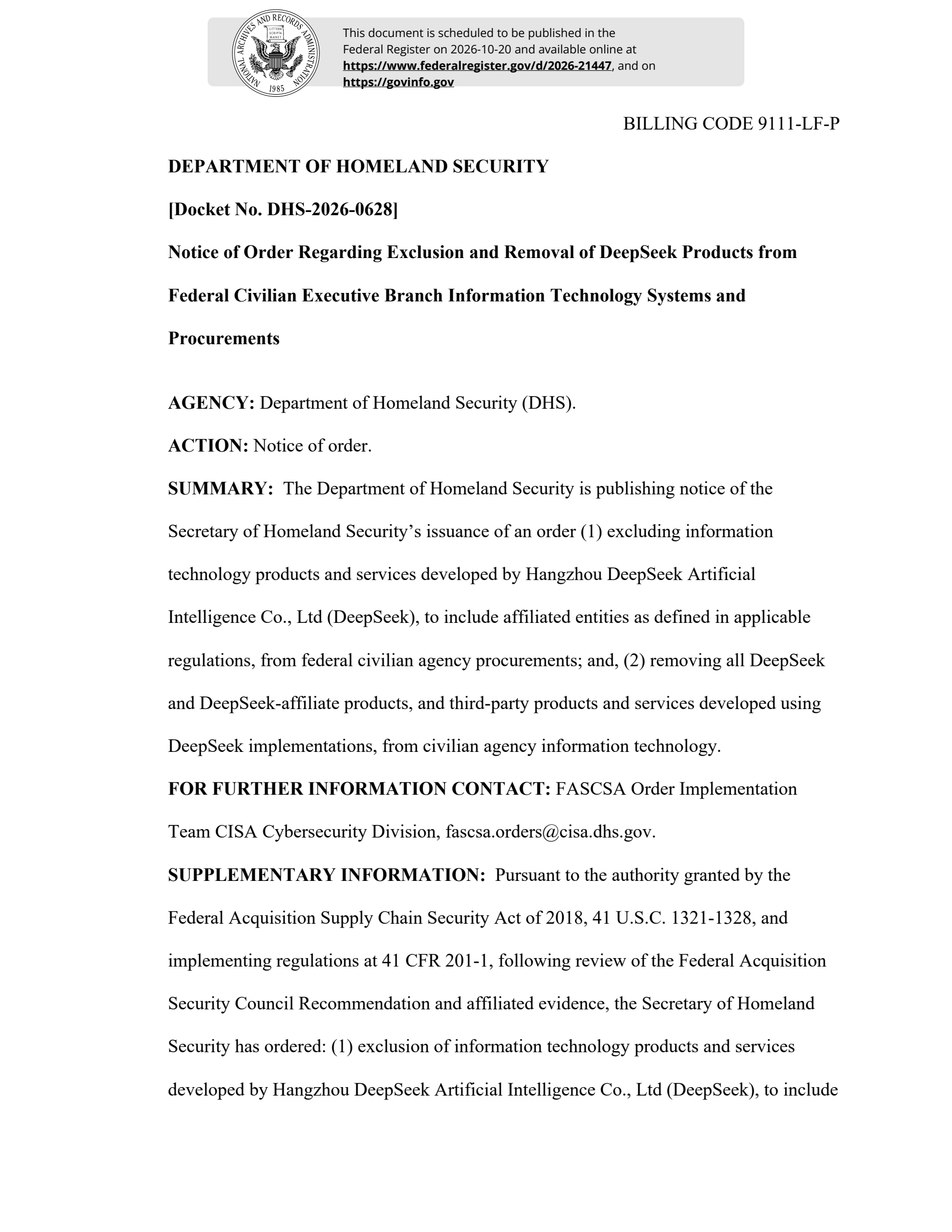 DHS DeepSeek命令公告原件第一頁，說明聯邦文職行政部門的採購及移除範圍