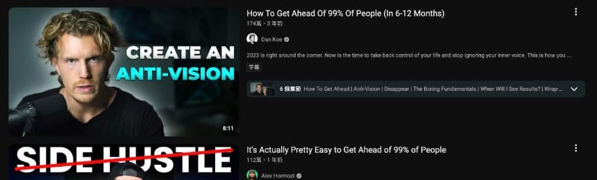YouTube 搜尋結果:Dan Koe 與 Alex Hormozi 的同名影片