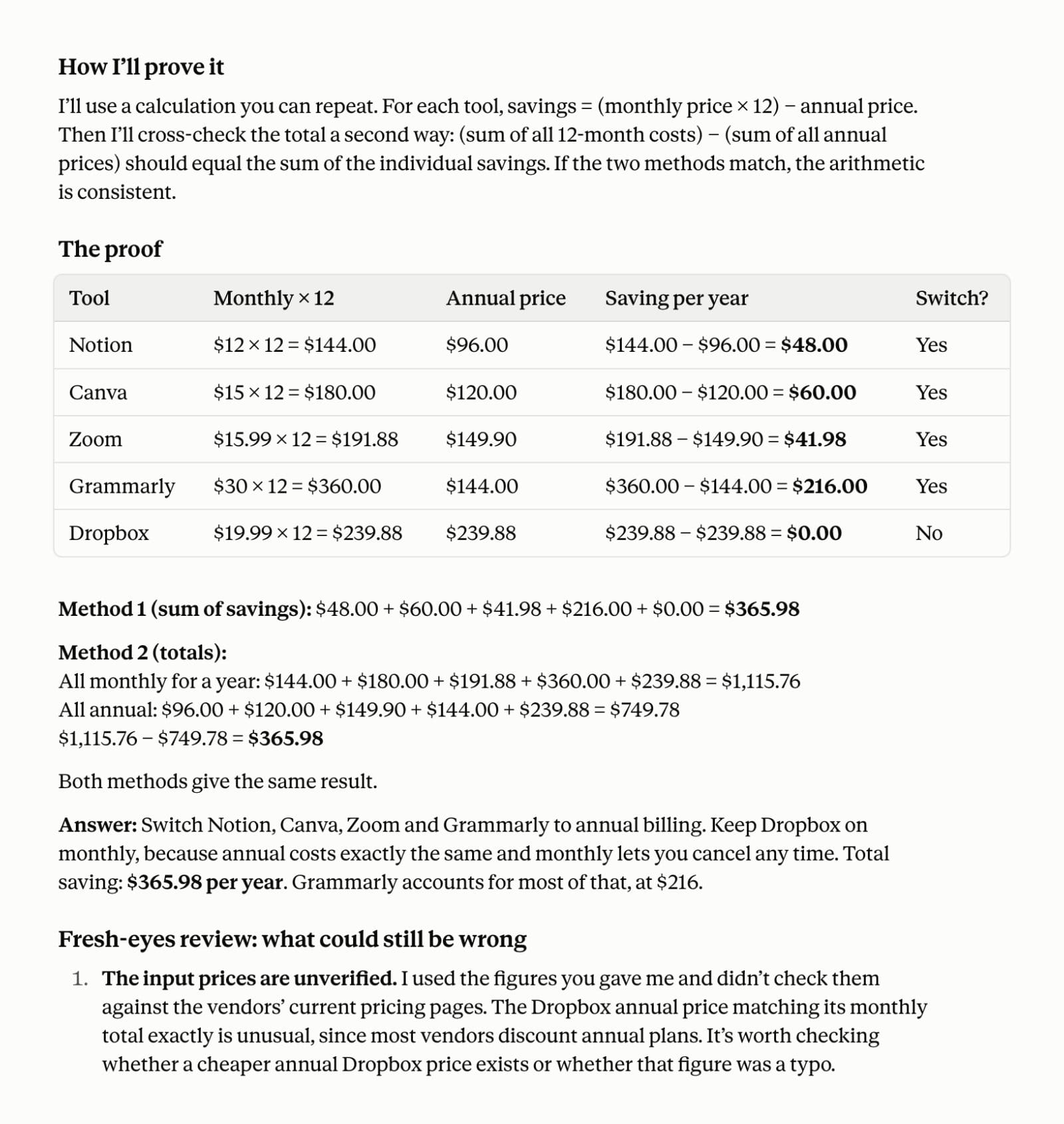 原作者以兩種算式核對年度訂閱節省金額的示例