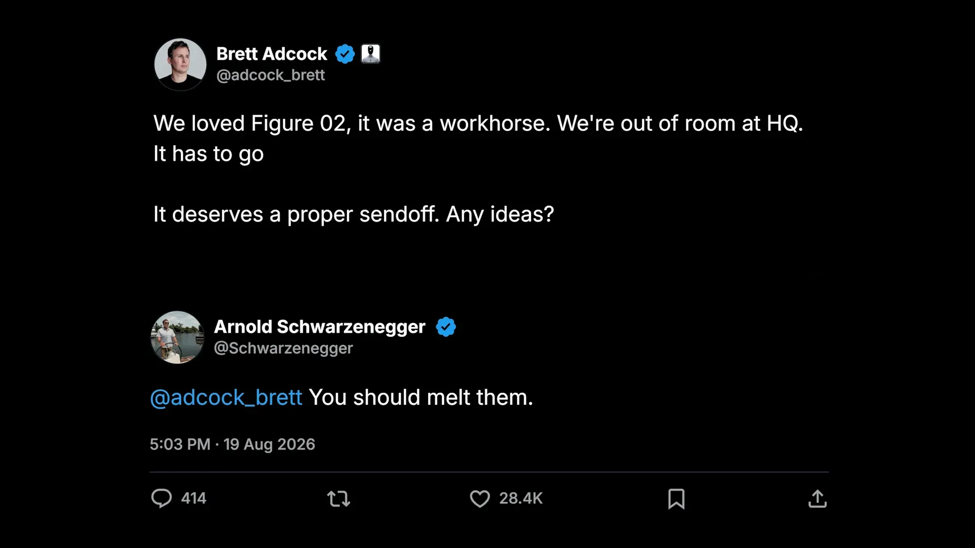 Figure 公告收錄 Brett Adcock 徵求退役方式與阿諾建議熔毀的對話截圖