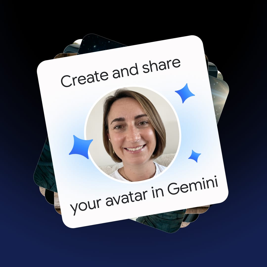 Gemini 官方 Avatar 分享影片封面,以人物肖像與建立、分享個人分身文字呈現。