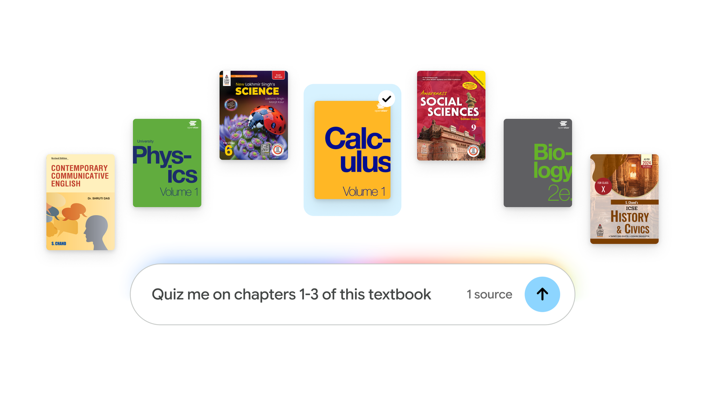 Google 官方 Gemini Notebook 教科書封面與提問欄示例。