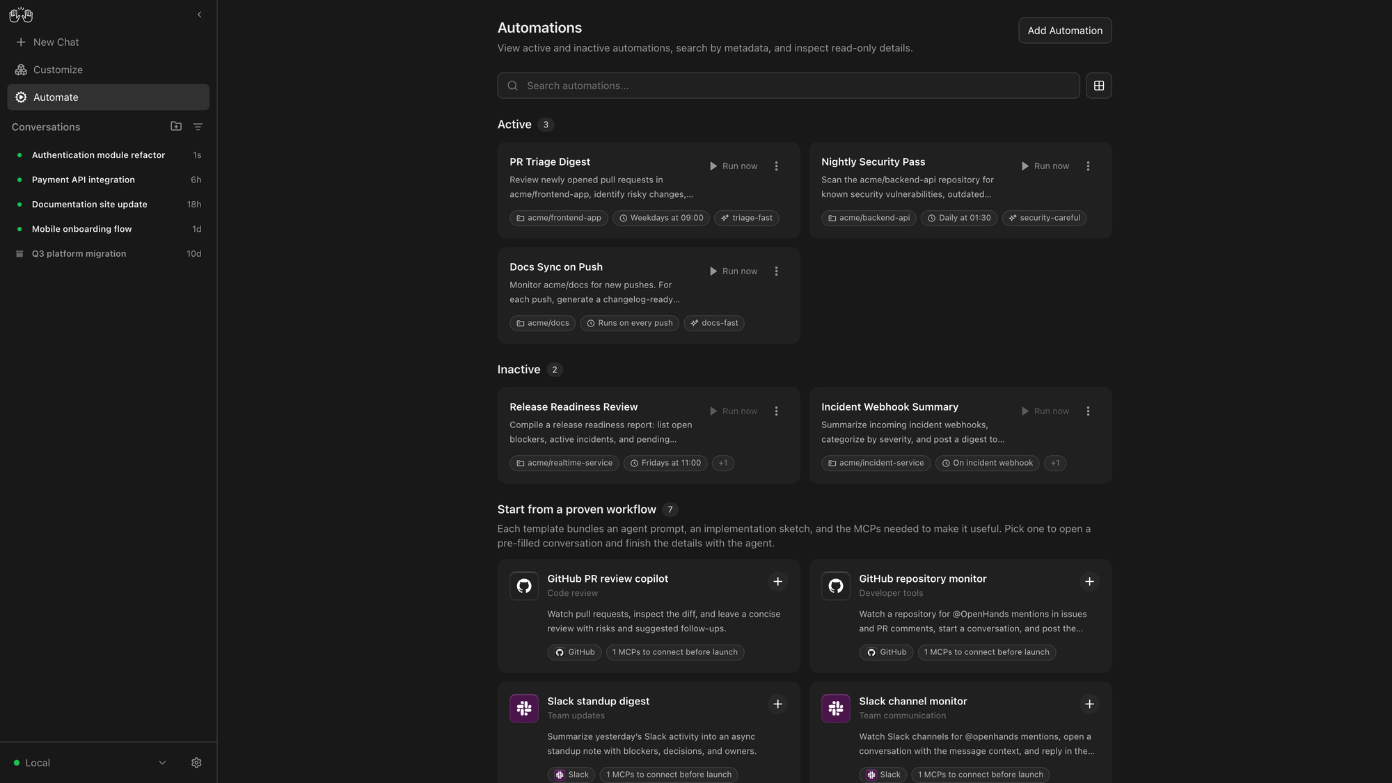 OpenHands Agent Canvas 官方自動化任務預覽介面