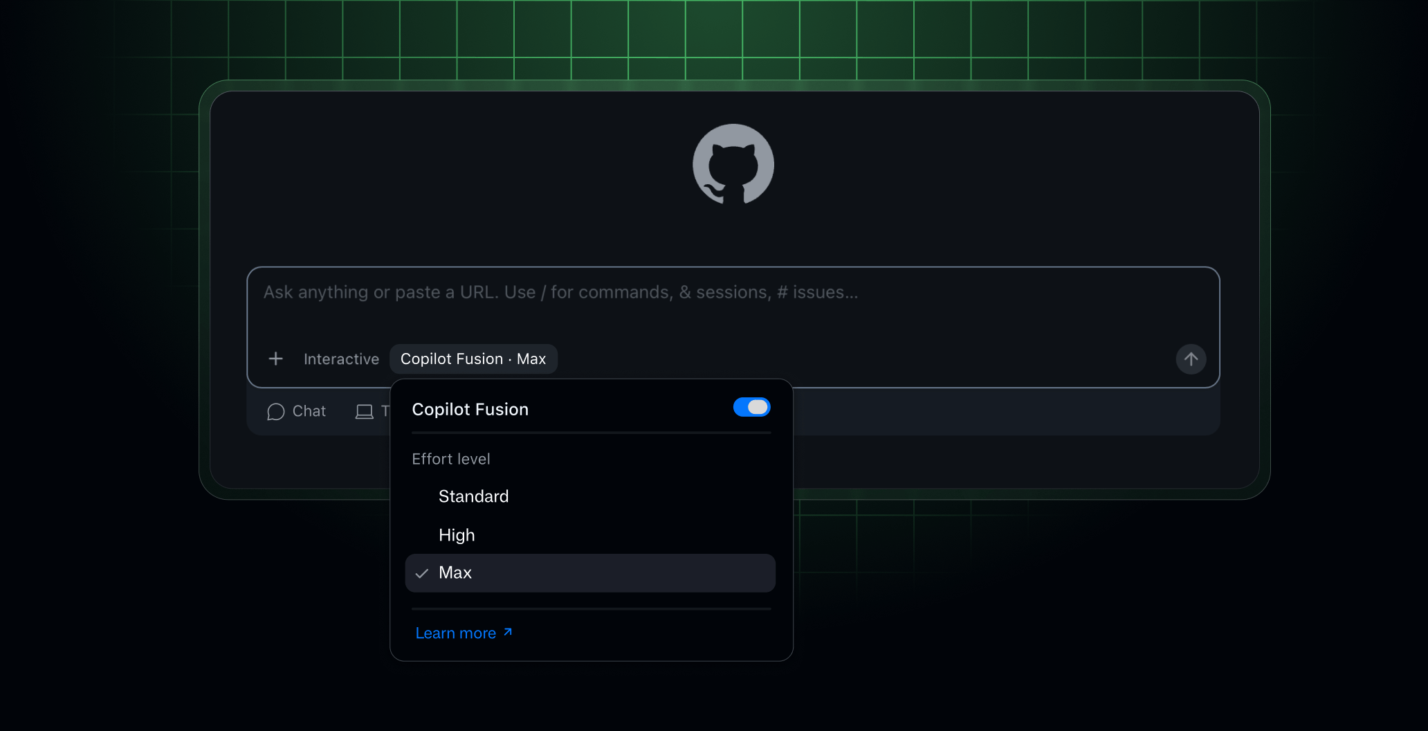 GitHub Copilot Fusion 官方模型選單,含 Standard、High、Max。