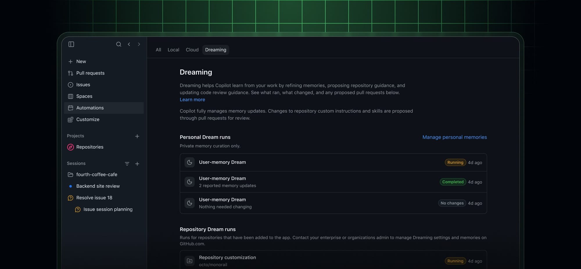 GitHub 官方 intelligence Dreaming 工作區與記憶管理畫面。