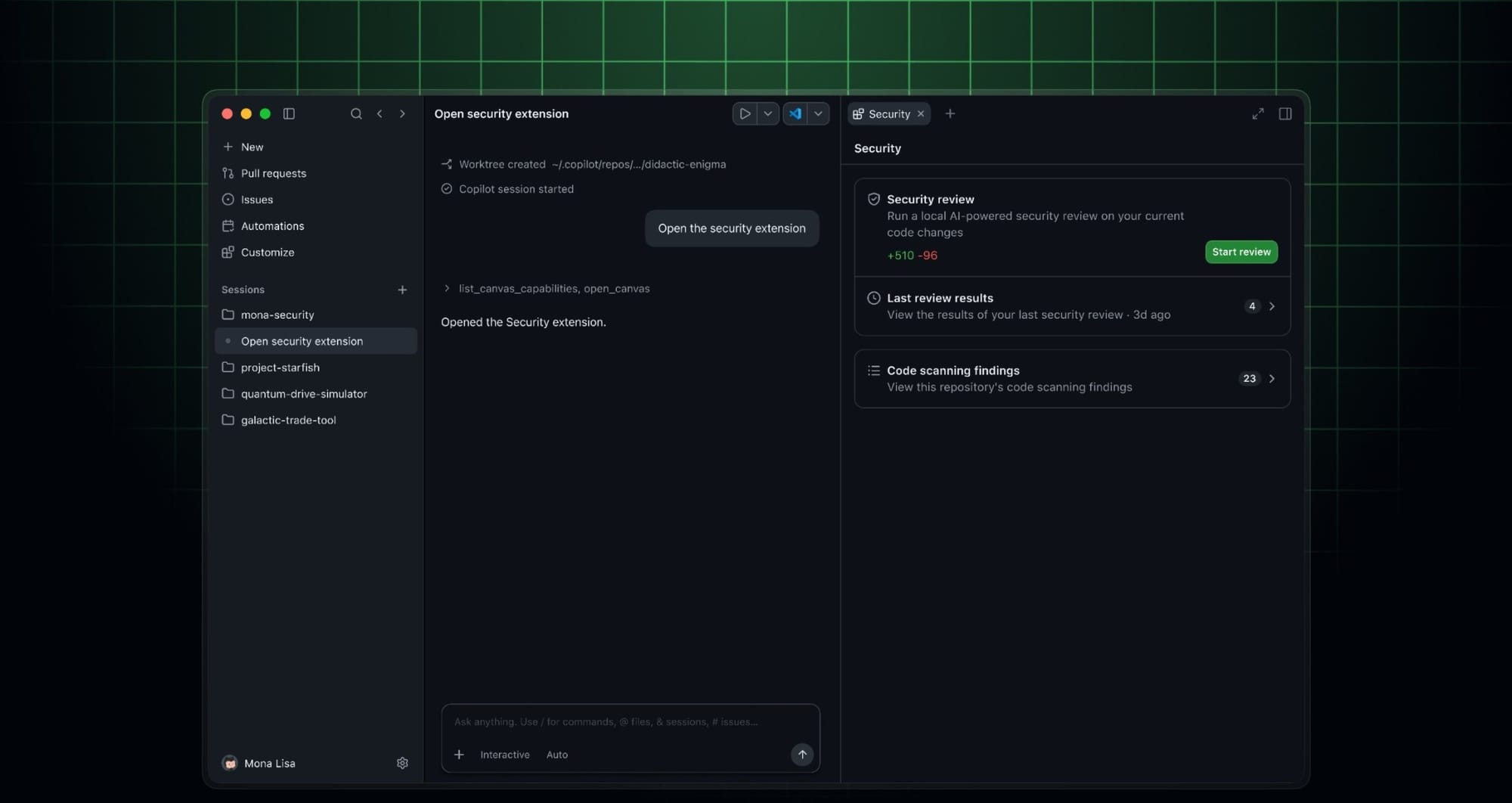 GitHub 官方 Security extension 畫面，並列 Copilot 與安全檢查工作區。