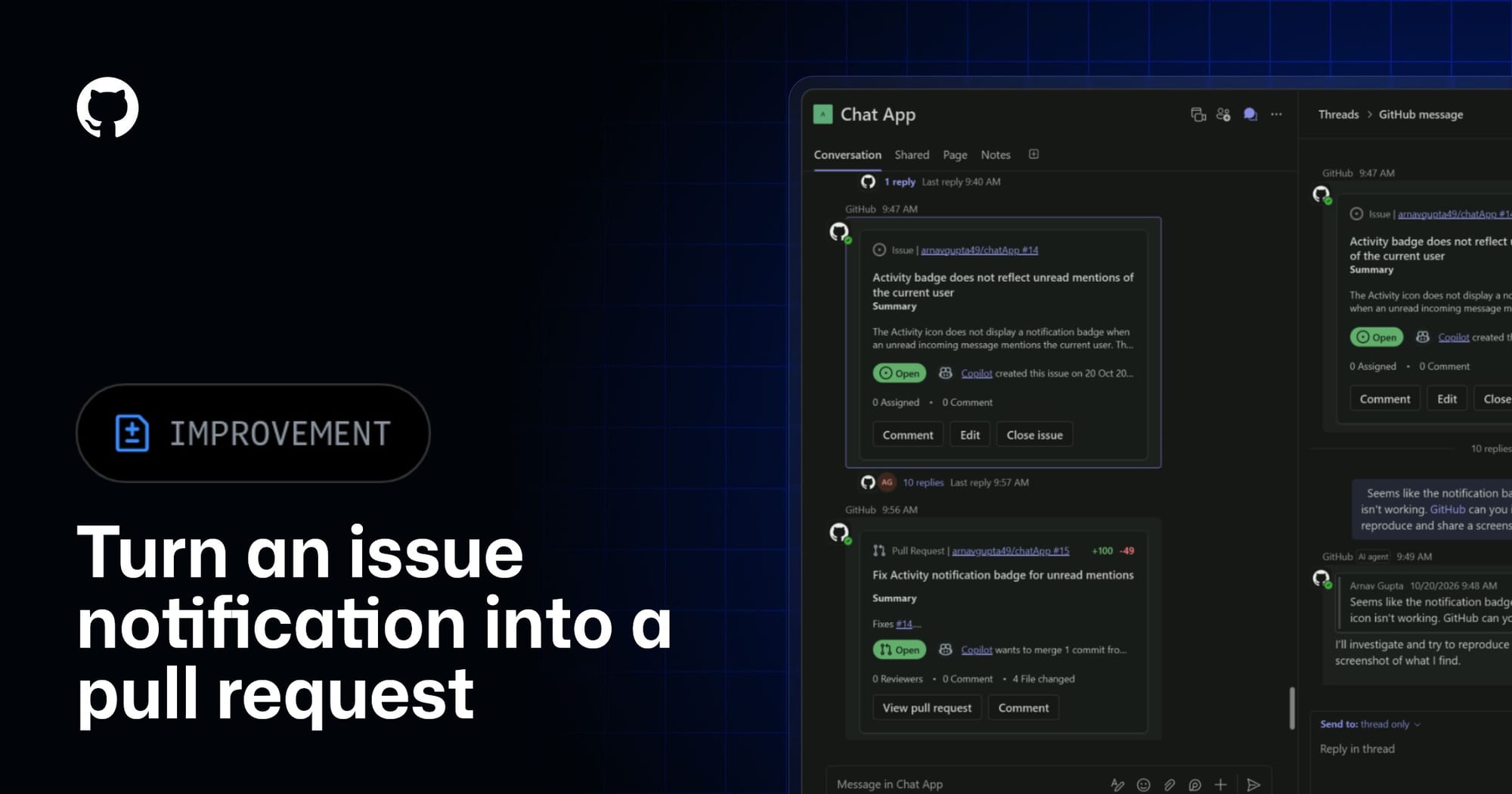 GitHub 官方 Teams 整合主視覺,顯示問題通知、討論串與合併請求