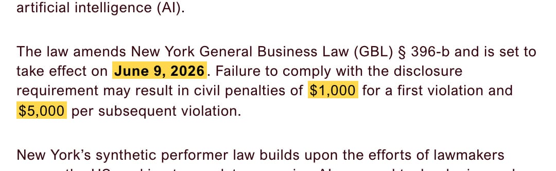 Cooley:紐約州法修正 GBL §396-b,2026 年 6 月 9 日生效,違規首次罰 1,000 美元、之後每次 5,000 美元