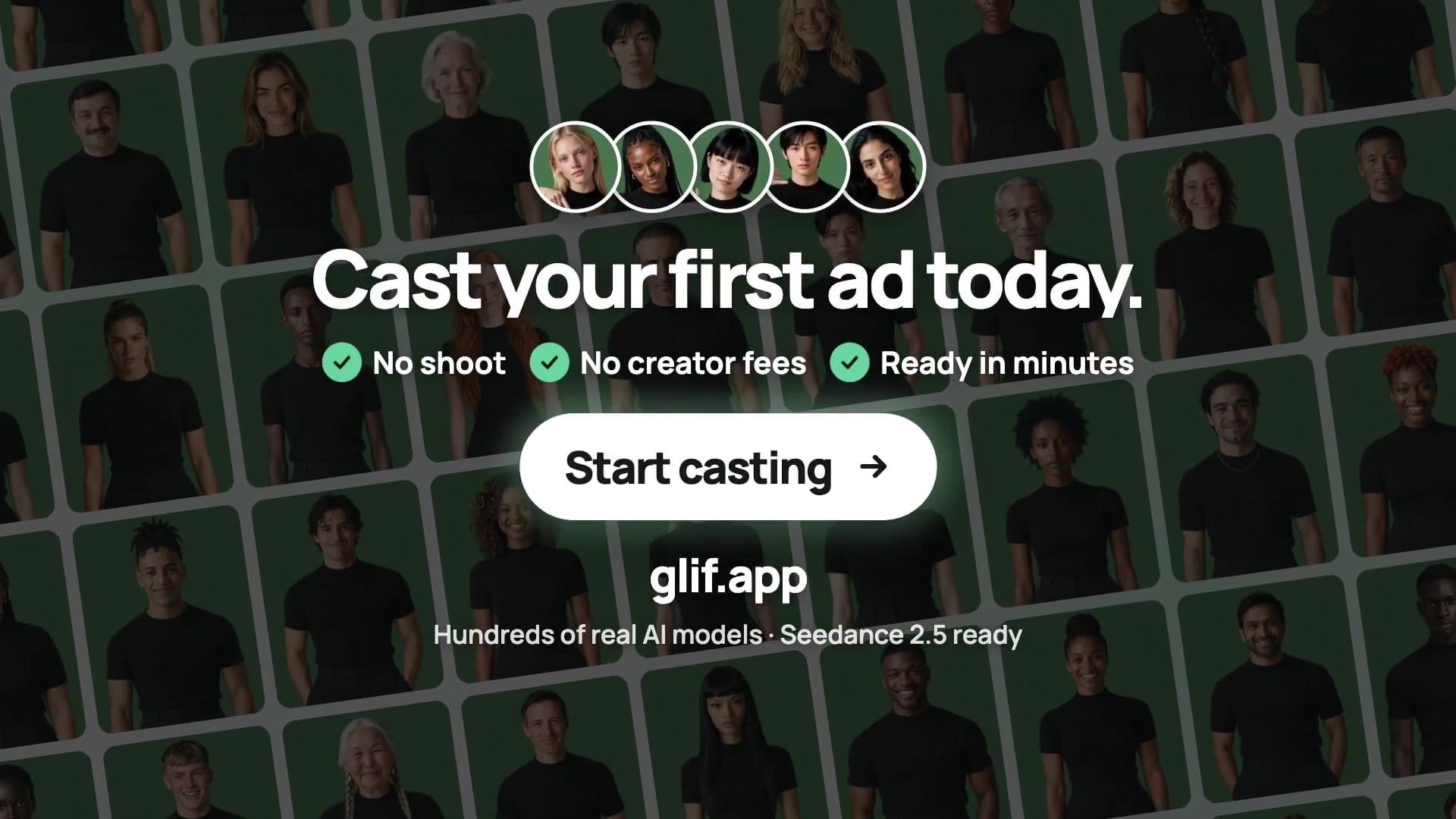 Glif 發表影片結尾:Cast your first ad today. No shoot, No creator fees, Ready in minutes