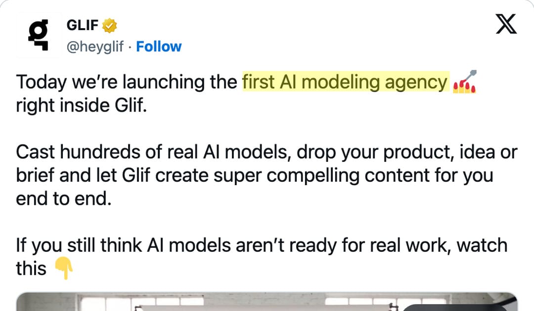 @heyglif 貼文:Today we’re launching the first AI modeling agency right inside Glif