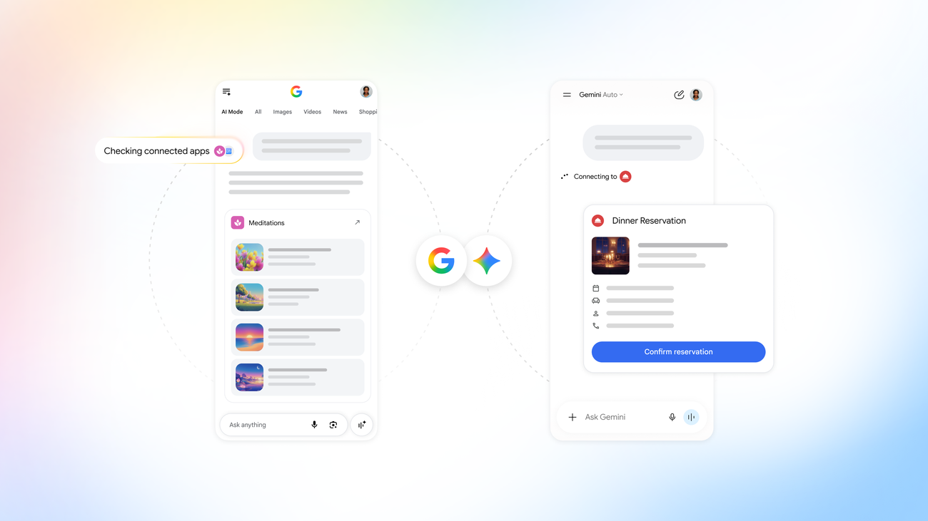 Google 官方 Connected Apps 圖像，顯示 Search 與 Gemini 的服務情境。