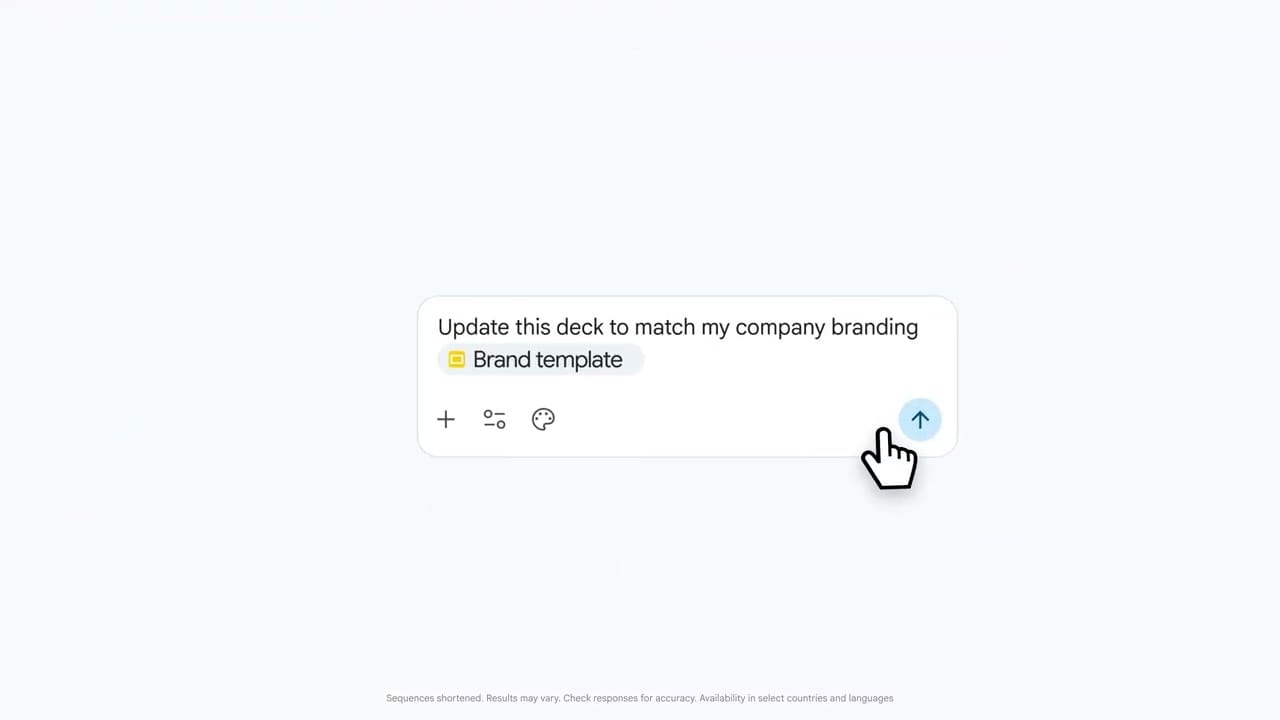 Google Slides 官方示範封面，Gemini 提示框要求依品牌範本更新整份簡報。