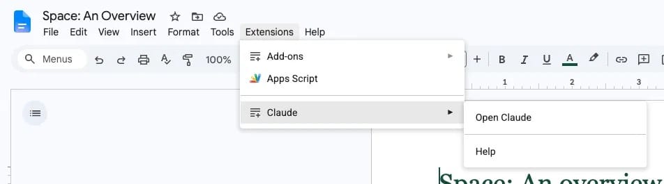 Google 文件內開啟 Claude 的選單