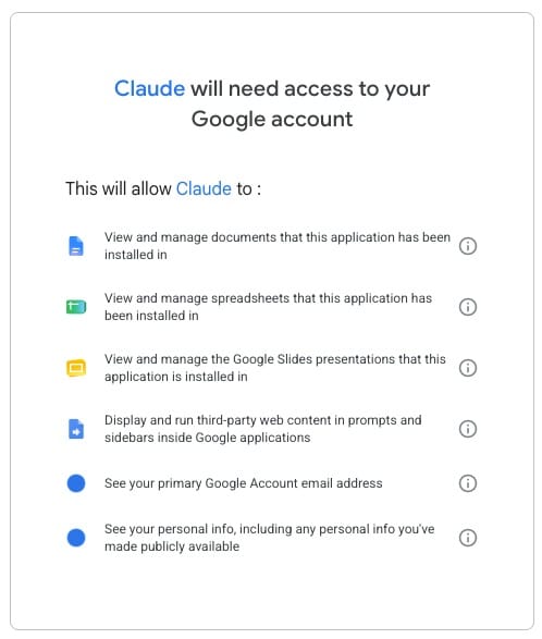 Claude 連線 Google 帳號的授權提示