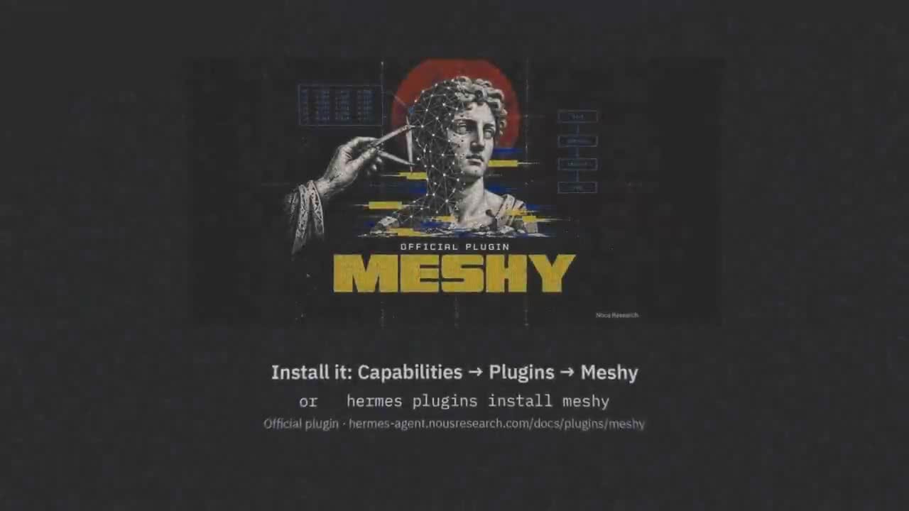 Hermes Meshy 官方外掛影片結尾，顯示雕像圖案與安裝指引