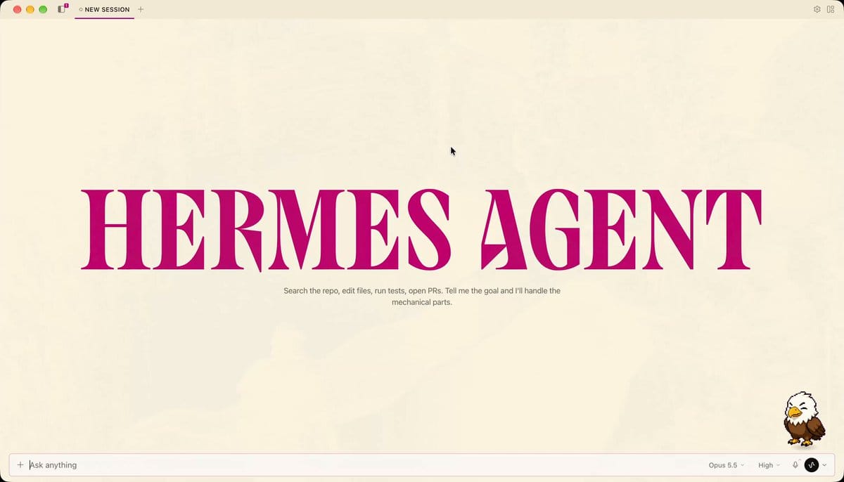 Hermes Agent 桌面歡迎頁,底部有對話輸入列。