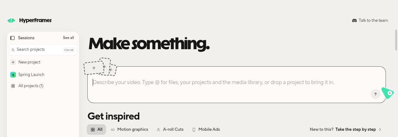 HyperFrames Studio 首頁，包含 Make something 提示框、左側專案與 Get inspired 參考區
