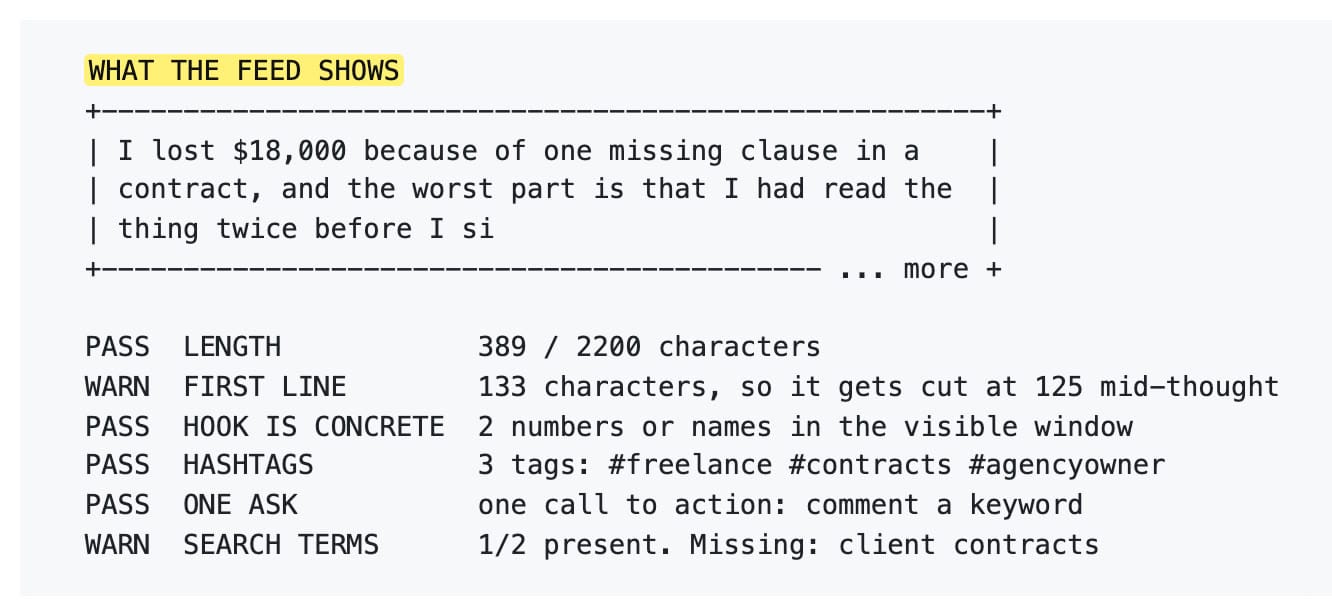 README 範例輸出：WHAT THE FEED SHOWS，動態消息只露出前 125 個字